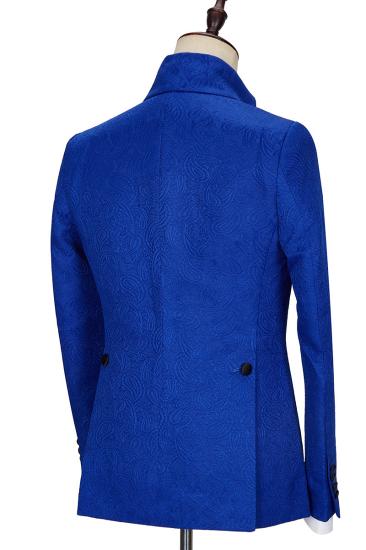 Fashion New Royal Blue Jacquard Black Lapel Two Pieces Wedding Suit_2