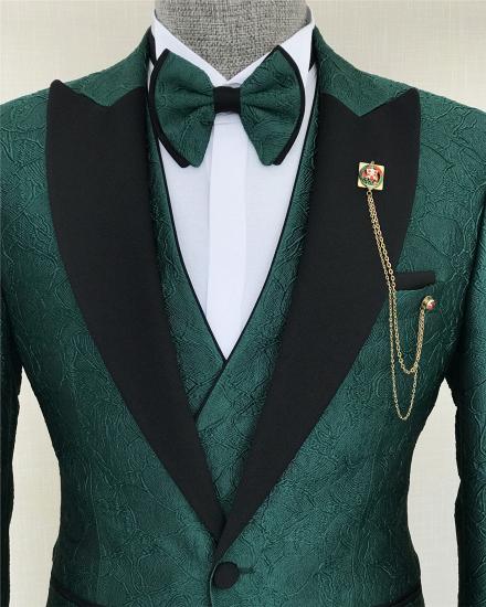 Dark Green Three Pieces Jacquad Peaked Lapel Men Suit_2