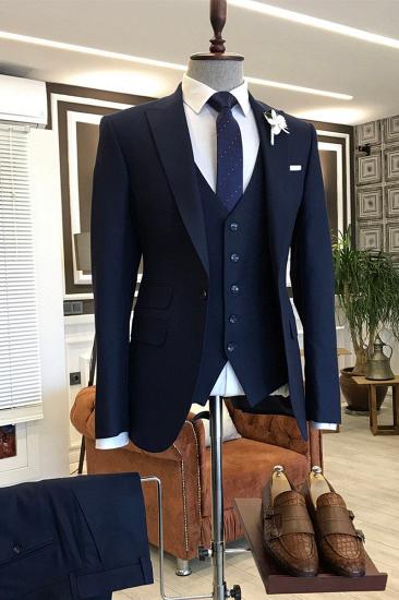 Kelly Formal Three Piece Solid Navy Blue Pointed Lapel Men Business Suit_2