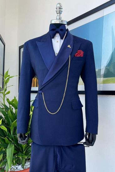 Brand New Double Lapel Side Single Button Navy Blue Mens Business Suit_1