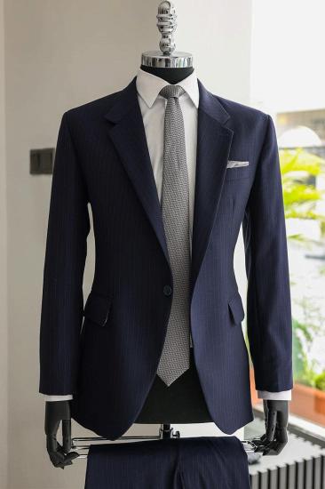 New Navy Notched Lapel Striped Two Pieces Business Suits_3