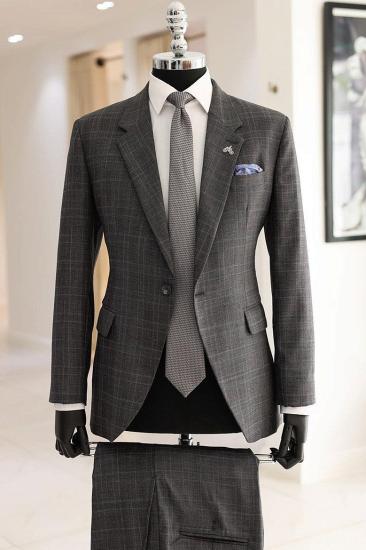 New Dark Gray Notched Lapel Plaid Two Pieces Business Suits