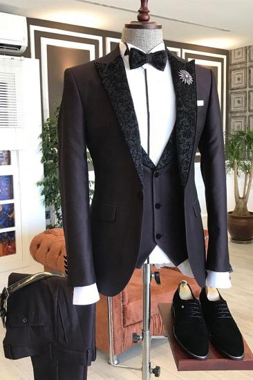 Matthew Three Piece Black Jacquard Point Lapel Custom Men Business Suit_2