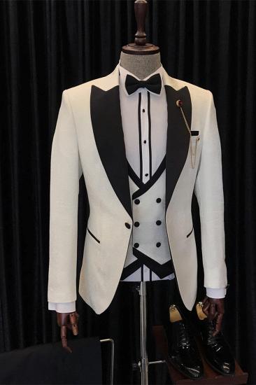 Anthony Stylish White Three Piece Wedding Men Suit With Black Point Lapel
