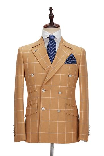 Peak Lapel Flap Pockets Double Breasted Plaid Orange Men Business Suit For Formal