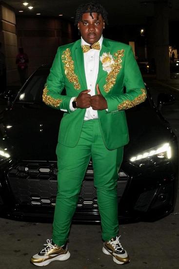 Beacher Green Notched Lapel One Button Prom Suits With Golden Appliques_1