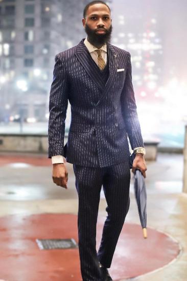 Formal Black Peaked Lapel Double Breasted Striped Business Suits