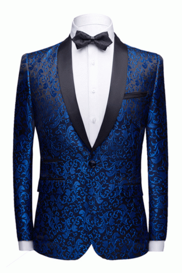 Holden Royal Blue Jacquard Ball Suit |  Shawl Lapel Black Satin Wedding Tuxedo Theo_1