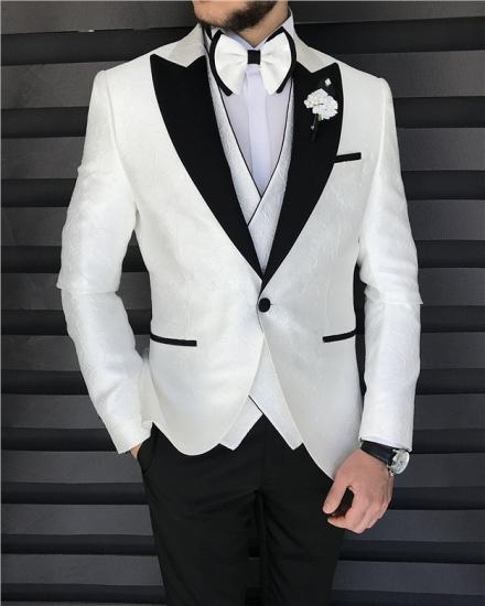 White Lapel Collar Jacquard Men Three Piece Suit Groom Suit_3