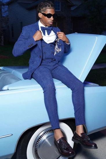 Modern 3 Piece Navy Blue Jacquard Slim Fit Prom Suit with Waistcoat