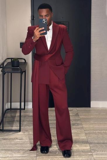 Stylish Burgundy One Button Men’s Prom Suit with Long Sash_1