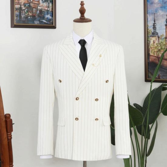 Elegant Ivory Striped Peaked Lapel Double Breasted Mens Prom Two Piece Suit_2