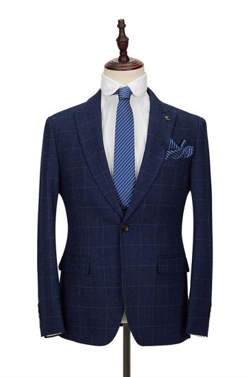 Classic Blue Plaid Peak Lapel Three Piece Men Suit With Double Breasted Waistcoat_3