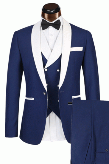 Three Piece Classic White Lapel Edge Banding Formal Blue Men Suit For Wedding
