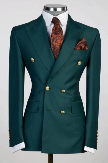 Double Breasted Dark Green Men's Business Formal Suits with Flap Pockets_1