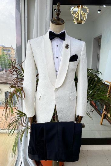 White Jacquard Wedding Groom Two Piece Suit with Black Pants_2