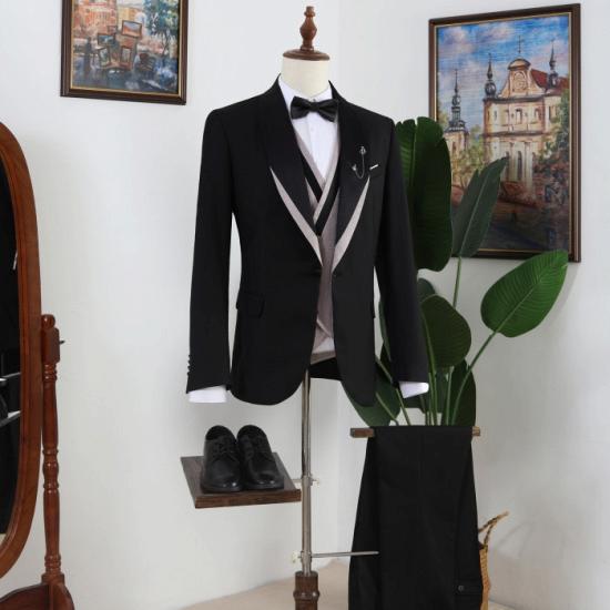 Black Shawl Lapel Three Pieces Prom Men Suits_2