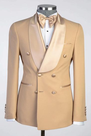 Satin Shawl Lapel Double Breasted Khaki Wedding Suit Prom Outfit