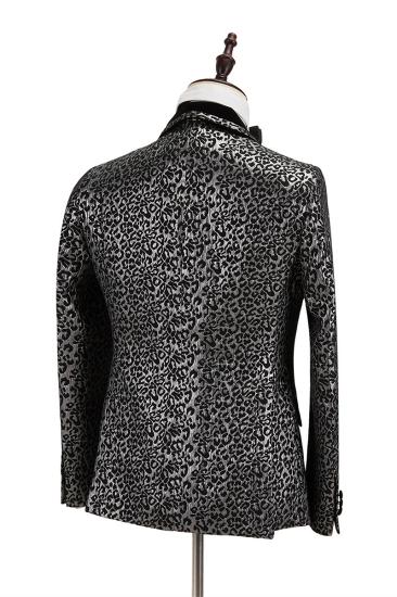 Black Stitching Silver Leopard Jacquard Men Suit | Shawl Lapel Double Breasted Wedding Suit For Formal With Shirt_3