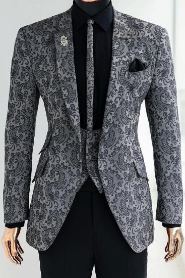 Dark Gray Jacquard 3 Piece Men’s Formal Suit with Black Pants