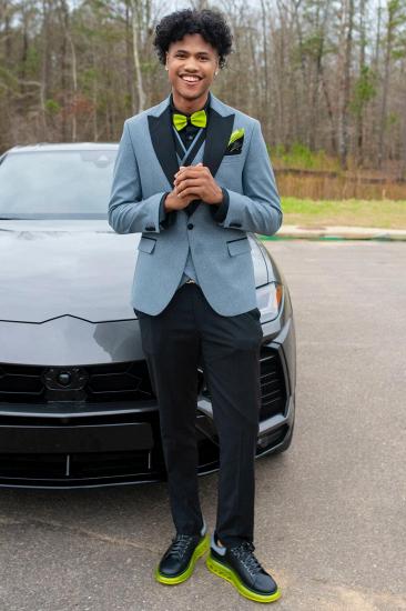 Chic 3 Piece Dusty Blue Men’s Prom Suit with Black Peak Lapel