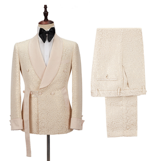 Seth Gold Shawl Lapel Slim Fit Jacquard Wedding Men Suit | Two Suits_4