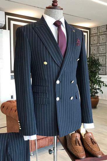 Hogan Modern Navy Striped Point Lapel Double Breasted Slim Fit Business Men Suit