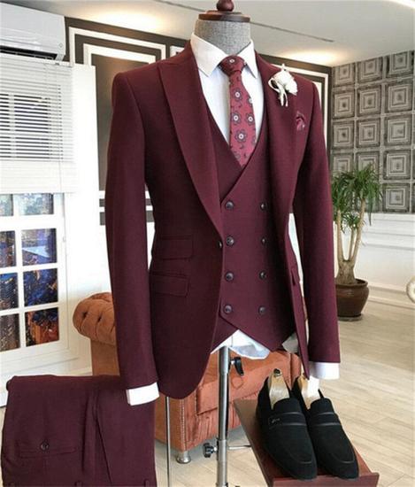 Maverick Burgundy Peaked Lapel Three Pieces Men Suit_2