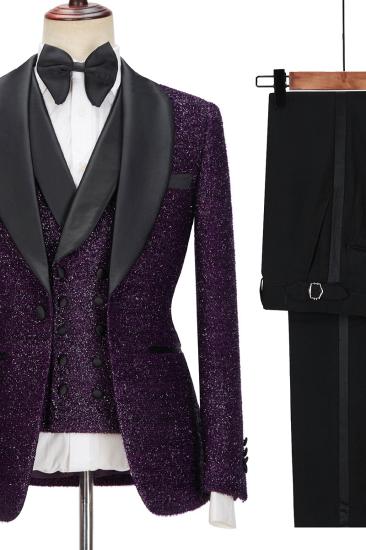 Dark Purple Glitter Shawl Lapel Three Piece Men Suit_5
