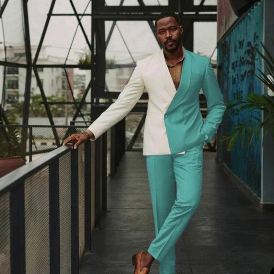 Double Color Gentle Teal Shawl Lapel Double Breasted Prom Suits_2