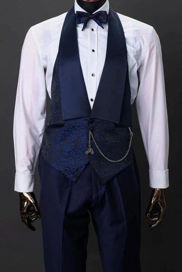 Groom Navy Blue Jacquard Wedding Three Piece Suit_2