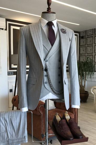 Lucien Newest Grey Three Piece Striped Point Lapel Business Suit For Men_1