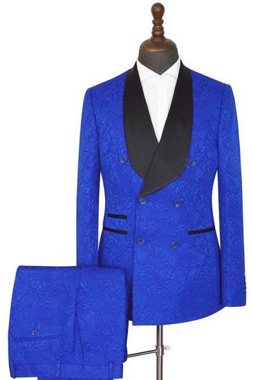 Ramon Royal Blue Shawl Lapel Slim Fit Double Breasted Jacquard Wedding Set_2