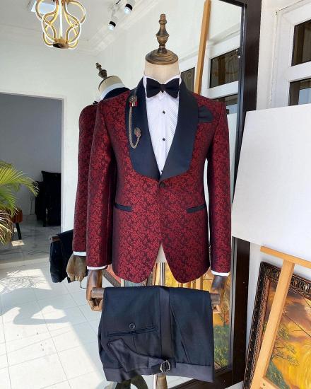 Red Jacquard Two Pieces Wedding Suits With Navy Shawl Lapel and Pants_2