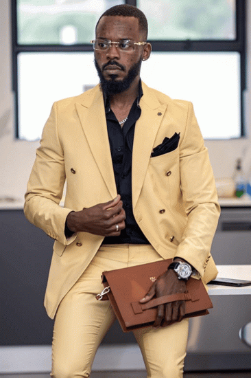 Yandel New Yellow Double Breasted Point Lapel Men Suit_2