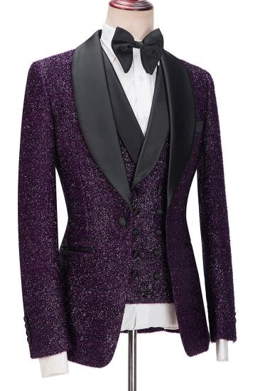 Dark Purple Glitter Shawl Lapel Three Piece Men Suit_3