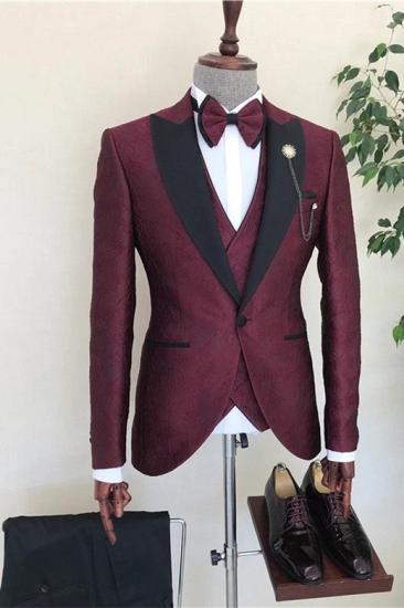 Burgundy Three Piece Jacquard Pointed Collar Men Wedding Suit