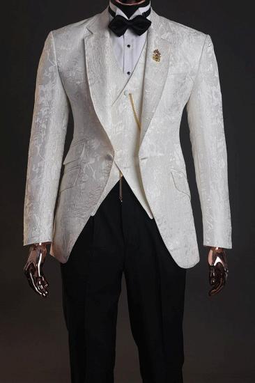 Trendy White Jacquard Wedding Suit for Groom with Waistcoat_1