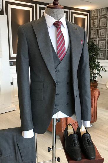 Adolph Gentle Dark Grey Wool Three Piece Point Lapel Business Men Suit_1