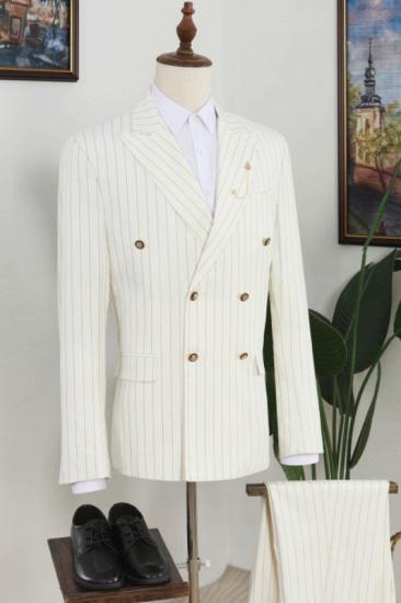 Elegant Ivory Striped Peaked Lapel Double Breasted Mens Prom Two Piece Suit
