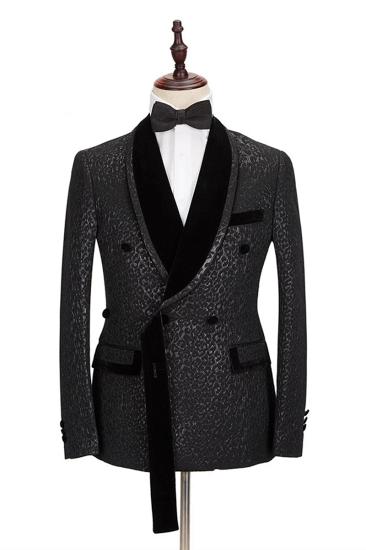 Stylish Velvet Lapel Double Breasted Prom Suit | Belt Leopard Black Jacquard Men Suit For Wedding
