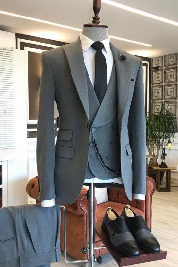 Rice Field Dark Grey Three Piece Point Lapel One Button Formal Business Suit_2