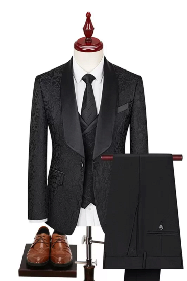 Lou Classical Black Shawl Lapel Three Pieces Jacquard Prom Suits_1
