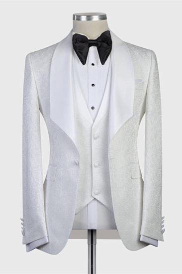 Jacoby Bespoke Three Piece White Jacquard Cape Lapel Wedding Tuxedo