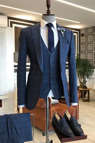 Frederic Blue Check Three Piece Point Lapel One Button Formal Business Suit
