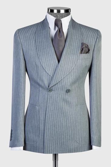 Double Breasted Dust Blue Pinstripe Patch Pockets Men’s Business Suit