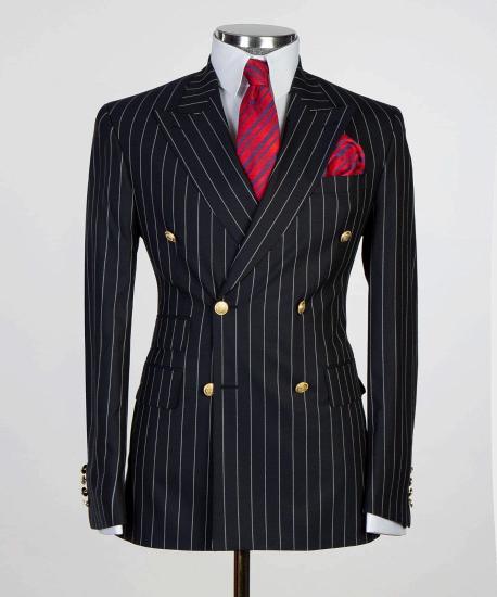 Black Slim Fit Double Breasted Pinstripe Mens Business Two Piece Suit_4