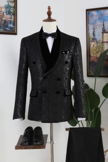 Black Jacquard Shawl Lapel Double Breasted Prom Men Suits