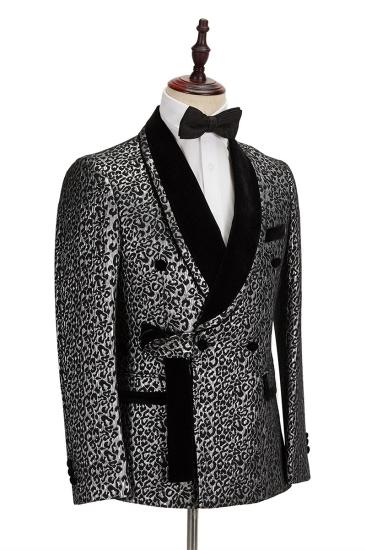 Black Stitching Silver Leopard Jacquard Men Suit | Shawl Lapel Double Breasted Wedding Suit For Formal With Shirt_4