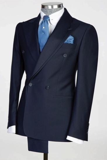 Slim Fit Navy Peak Lapel Double Breasted Two Piece Prom Suit_2
